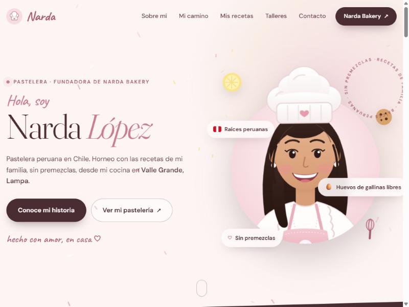 Portada de narda.cl con ilustración de la pastelera Narda López