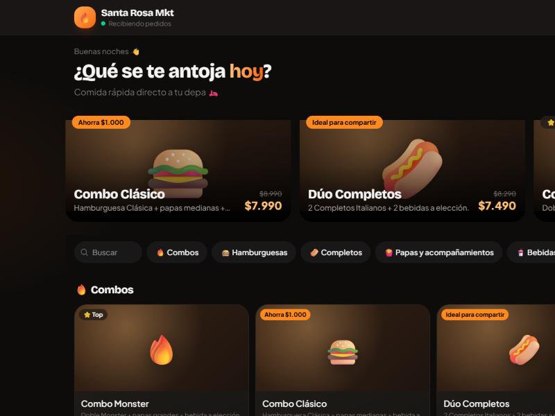 Carta de Santa Rosa Mkt con combos de hamburguesas y completos
